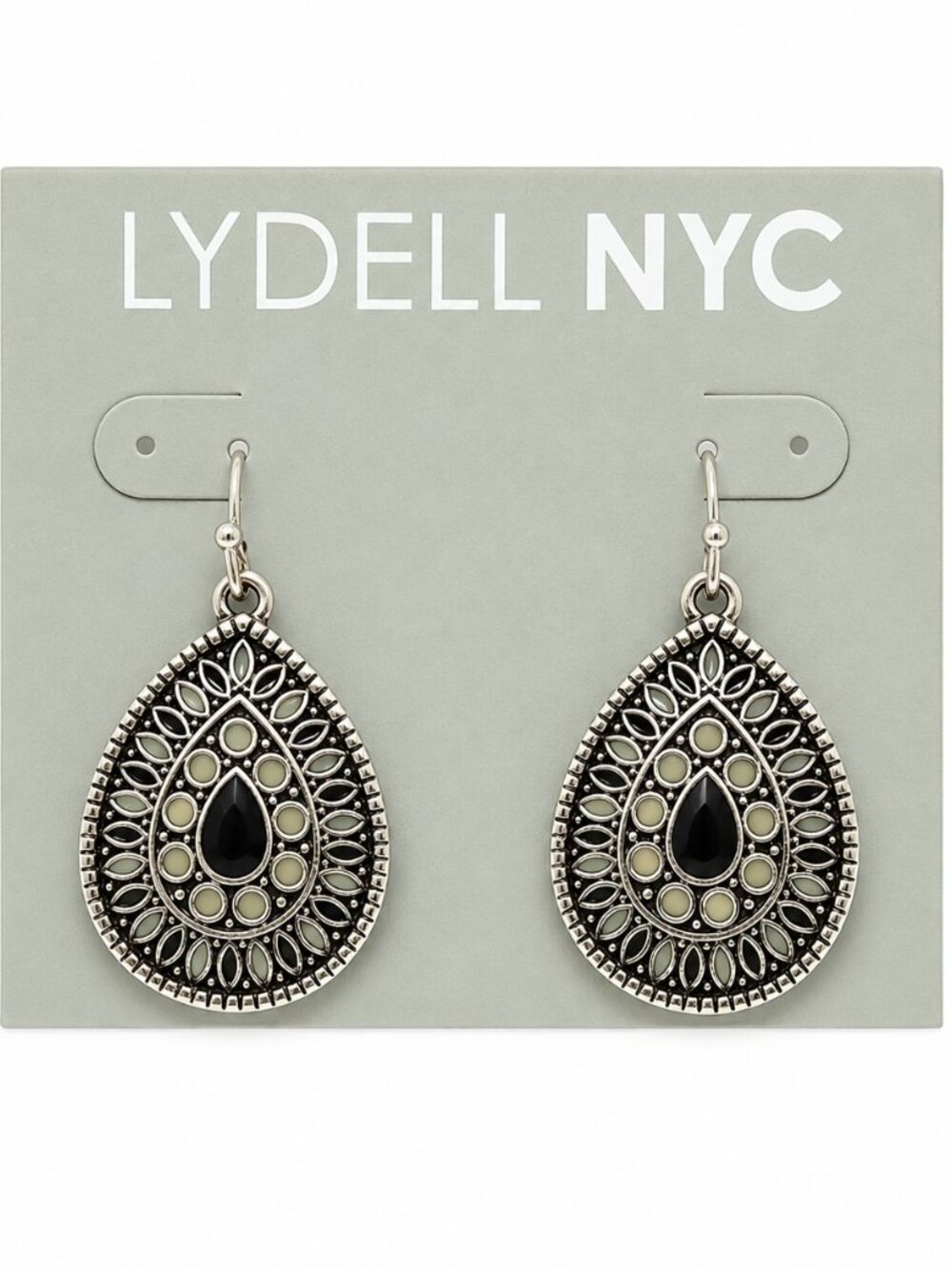 Lydell NYC Sage Green Black Teardrop Filigree Dangle Earrings Silvertone Hook